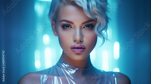 Portrait of a woman with make up. Beautiful young model, trendy glowing makeup, metallic silver lips. High fashion model woman in colorful light neon blue lights posing in studio