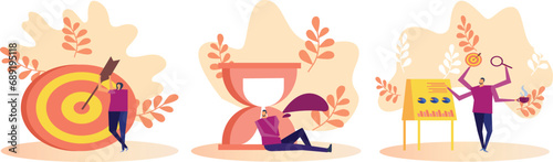 Effective management set. Characters a sitting on top of an alarm clock while using a laptop computer, wearing a business suit and has a determined look on her face and a calculator.