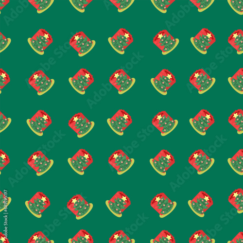 Christmas and Happy New Year seamless pattern with Christmas toys, gifts and sweets. Trendy retro style. 