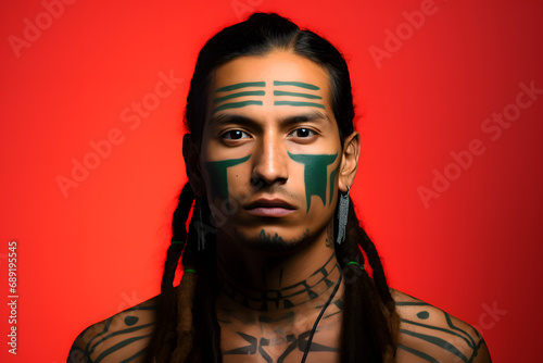 Colorful studio portrait of a young native american man with tribal tattoos, Emerald & Coral. Generative AI