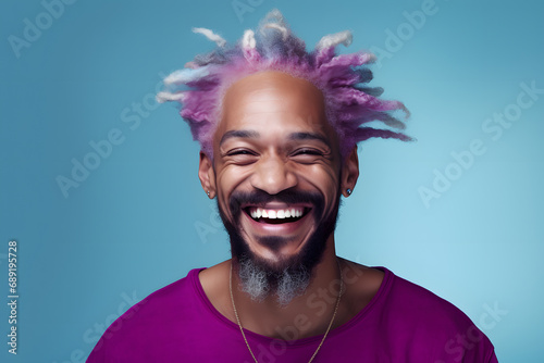 Colorful studio portrait of an ethnic man smiling happily. Pale blue and purple or pink. Generative AI