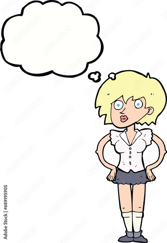 cartoon surprised woman with hands on hips with thought bubble cartoon surprised woman with hands on hips with thought bubble