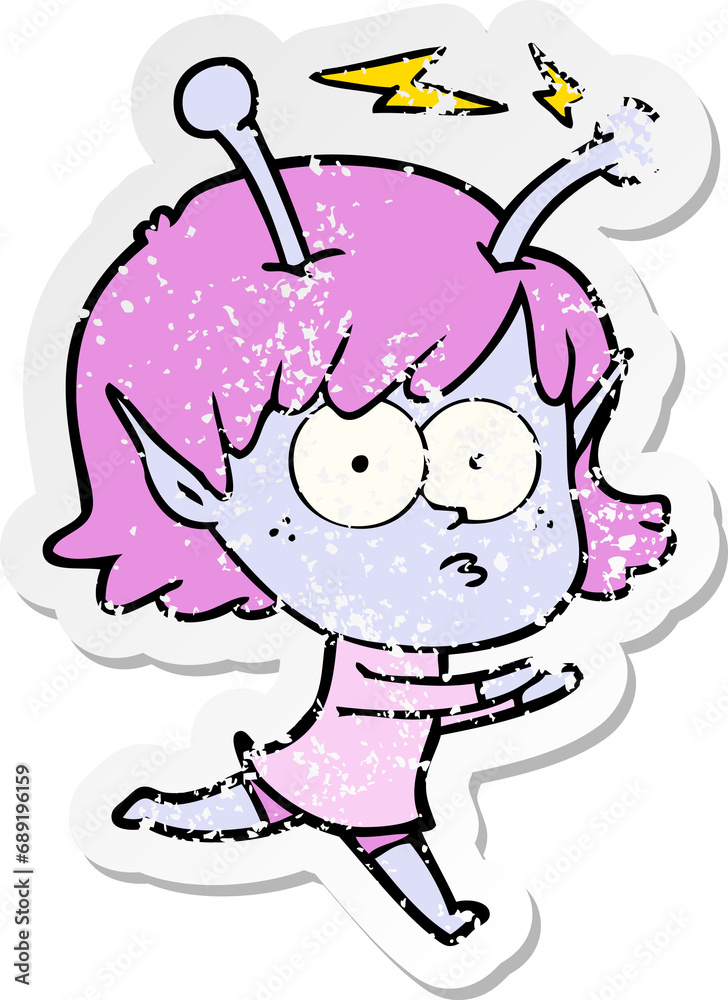 distressed sticker of a cartoon alien girl distressed sticker of a cartoon alien girl