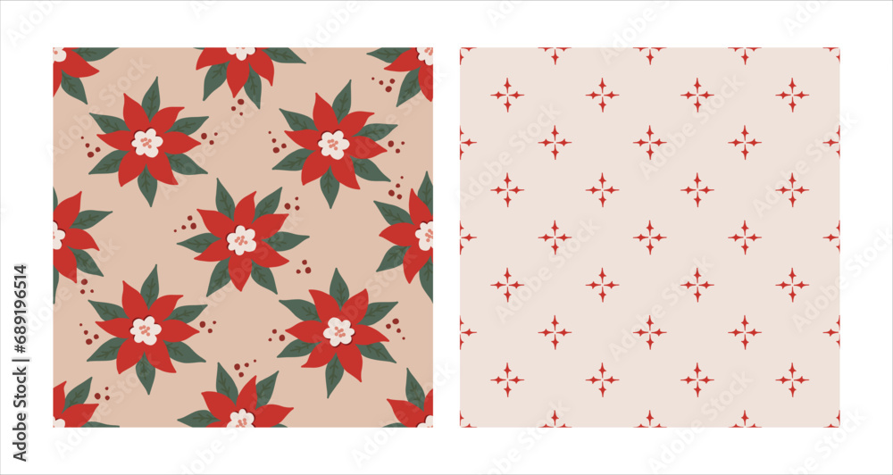 Seamless pattern set with bold red poinsettia and geometric ornament. Christmas and New Year concept. Hand drawn vector texture for wallpaper, prints, wrapping, textile Seamless pattern set with bold red poinsettia and geometric ornament. Christmas and New Year concept. Hand drawn vector texture for wallpaper, prints, wrapping, textile