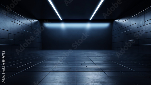 Dark blue backdrop wall mockup image for poster and banner branding with cronies and light stripes on ceiling 