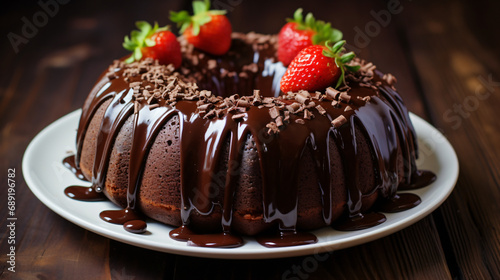 Chocolate bundt cake with chocolate sauce drizzled © aleena