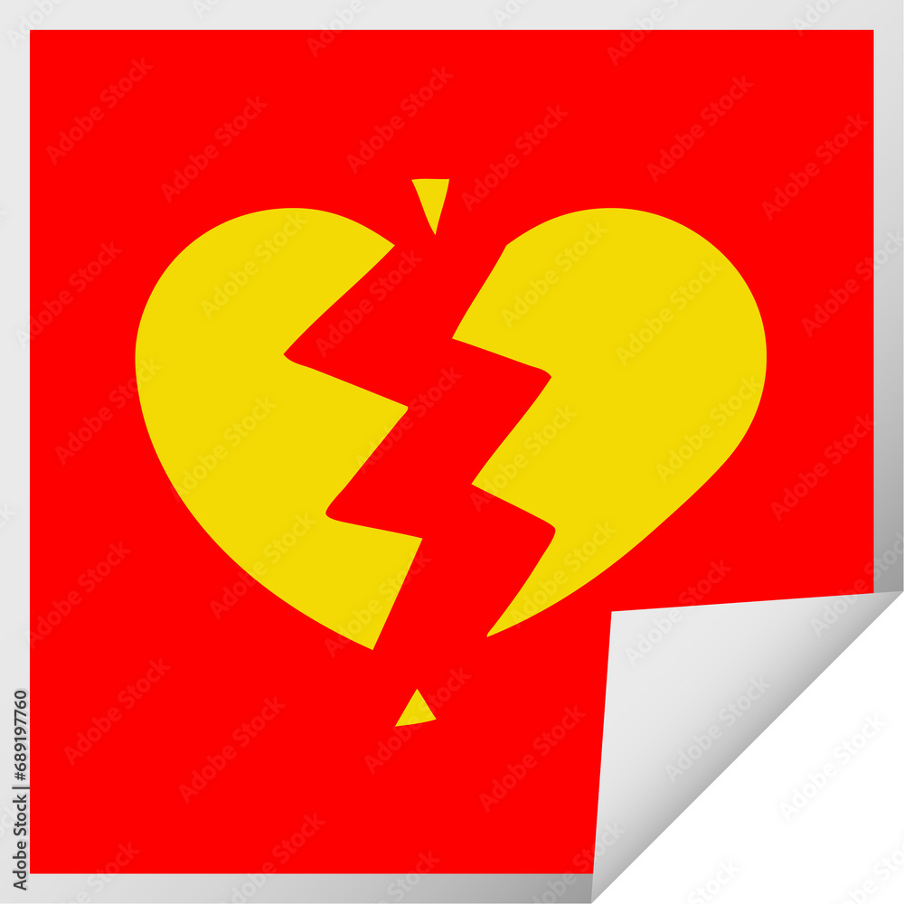 square peeling sticker cartoon of a broken heart