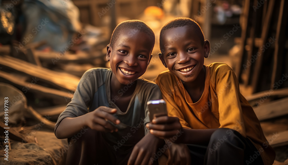 two african boys in the slums taking a selfie.laughing - obrazy, fototapety, plakaty 