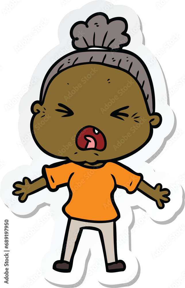 sticker of a cartoon angry old woman sticker of a cartoon angry old woman