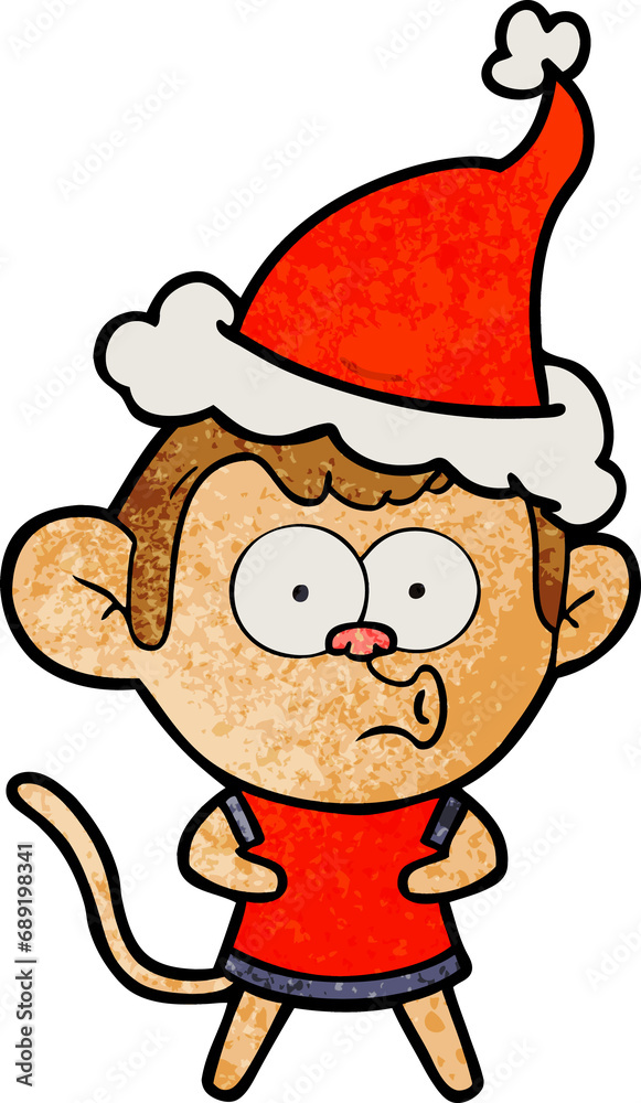 hand drawn textured cartoon of a surprised monkey wearing santa hat hand drawn textured cartoon of a surprised monkey wearing santa hat