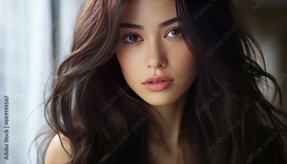 Naklejka premium Close-up photo of Asian woman's face, youthful and beautiful generative ai