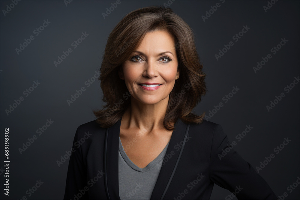 A testimonial given by modern matured mid age business woman with brown short hair isolated on gray background, Happy woman with good health, Professional confidence modern looking lady in office suit A testimonial given by modern matured mid age business woman with brown short hair isolated on gray background, Happy woman with good health, Professional confidence modern looking lady in office suit