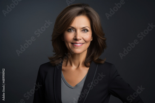A testimonial given by modern matured mid age business woman with brown short hair isolated on gray background, Happy woman with good health, Professional confidence modern looking lady in office suit photo