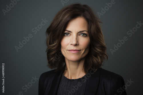 A testimonial given by modern matured mid age business woman with brown short hair isolated on gray background, Happy woman with good health, Professional confidence modern looking lady in office suit