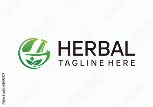 mortar, pestle and leaves herbal logo design inspiration