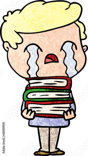 cartoon man crying over stack of books