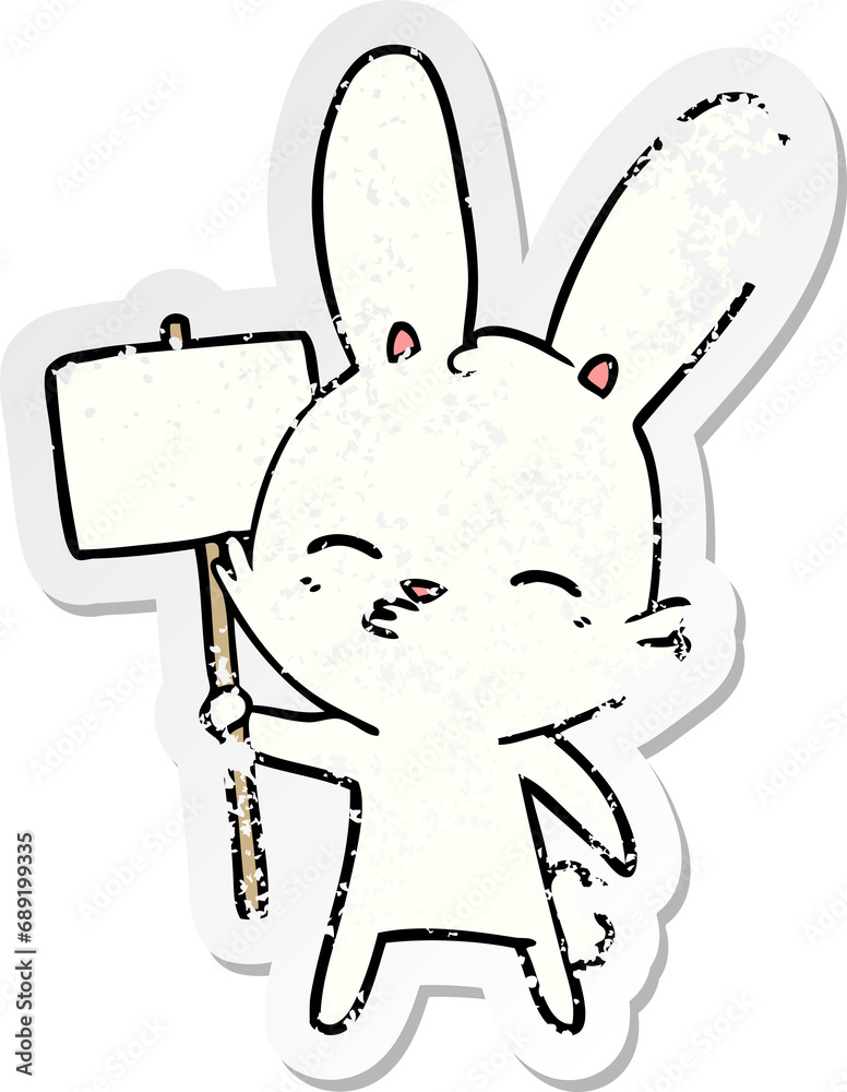 distressed sticker of a curious bunny cartoon with placard distressed sticker of a curious bunny cartoon with placard