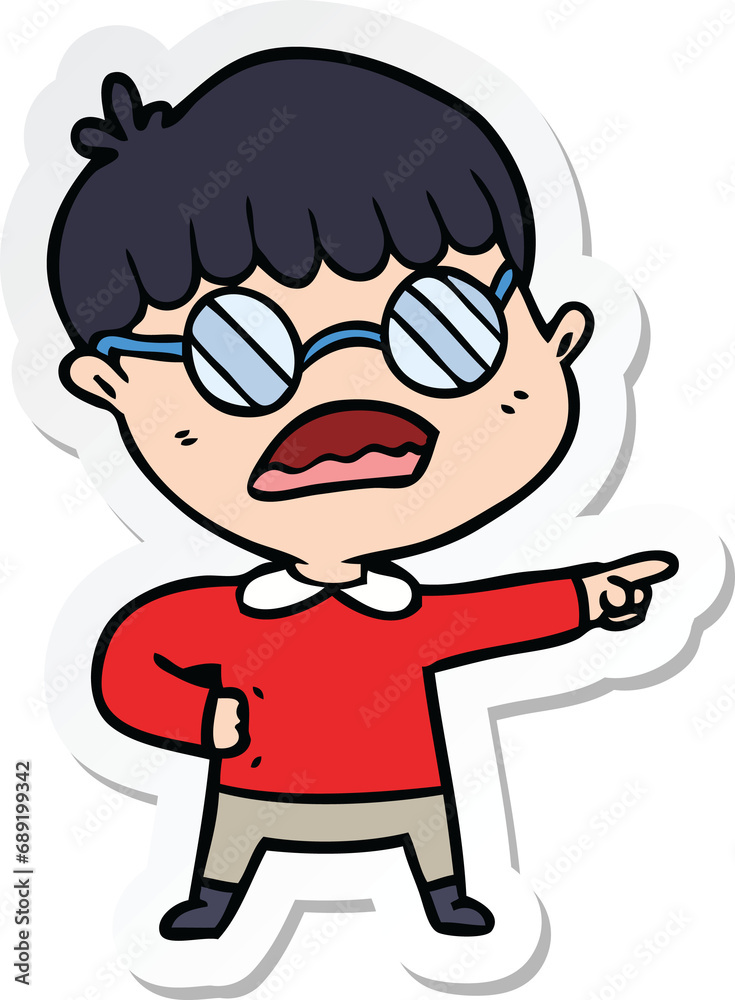 sticker of a cartoon pointing boy wearing spectacles