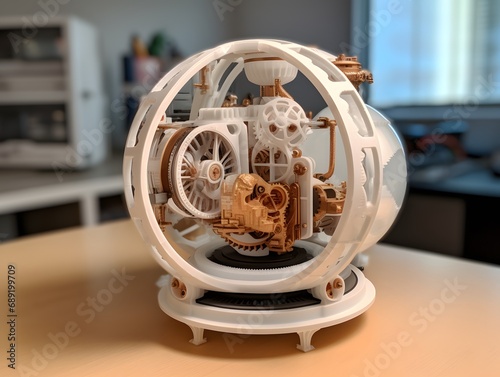 A gleaming white and gold machine stands proudly on display in the museum, its intricate design and polished finish reflecting the indoor light as it sits atop the marble floor photo