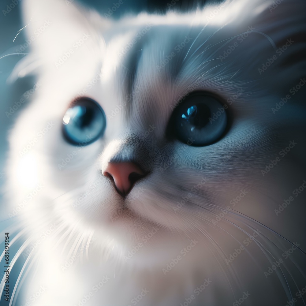 close up portrait of a cute white cat with blue eyes