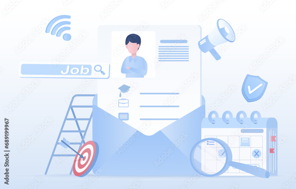 Employee hiring concept. HR choose employee from resume, curriculum vitae (CV), interview sending by email. Searching, finding, education, job experience, opportunity. Flat vector design illustration. Employee hiring concept. HR choose employee from resume, curriculum vitae (CV), interview sending by email. Searching, finding, education, job experience, opportunity. Flat vector design illustration.