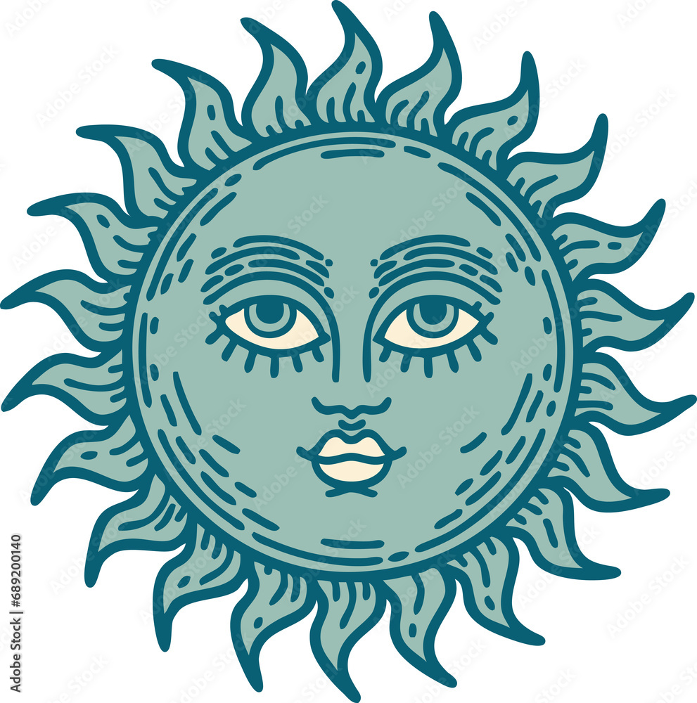iconic tattoo style image of a sun with face iconic tattoo style image of a sun with face