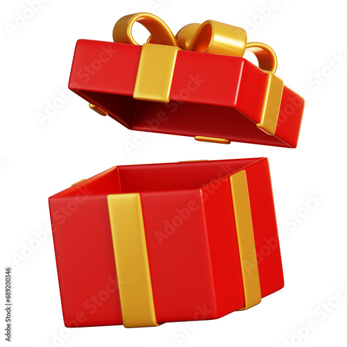 Open red gift box and gold ribbon. Chinese new year elements icon. 3D rendering