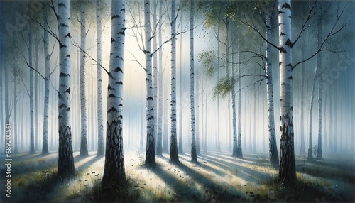 serene birch forest painting captures dawn s tranquil essence