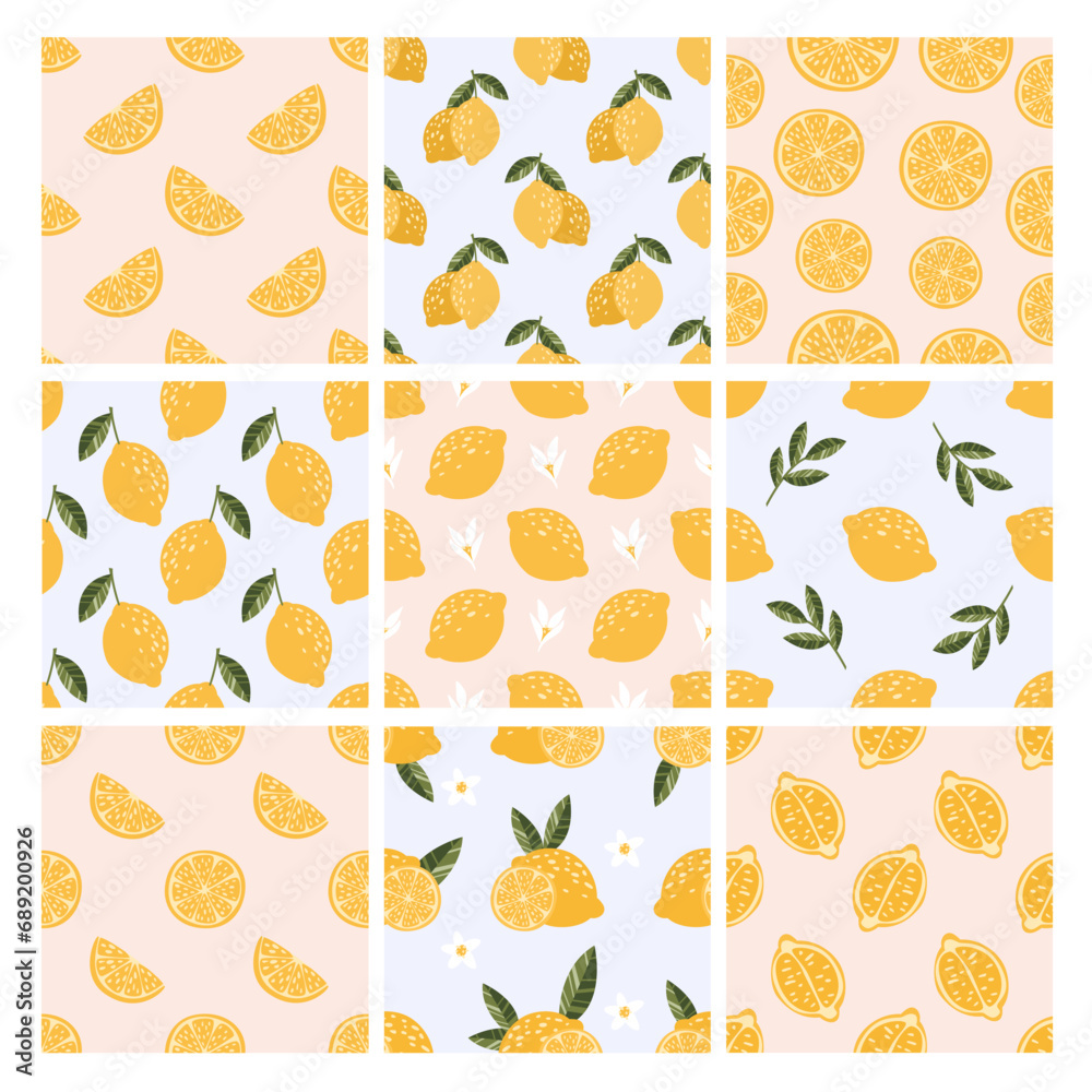 Set of seamless pattern with lemon, leaves and flowers 