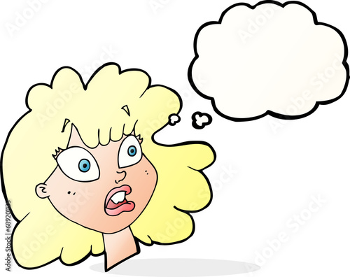 cartoon shocked female face with thought bubble