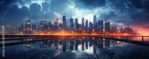 Panoramic illustration of a rainy evening in a modern city illuminated by lights. For banners, covers, backgrounds and other modern projects. 