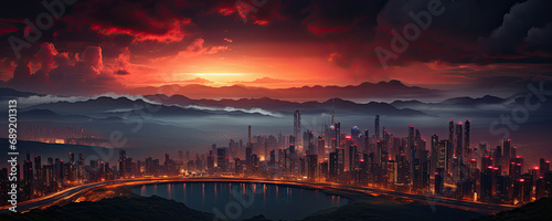 Sunset over a modern city in cyberpunk style. Illustration for banners, covers, backgrounds and other modern projects.