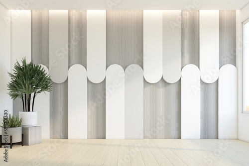 Minimalist playroom with empty space and indoor plant. Decorated with arch wall and gray slatted wall. 3d rendering