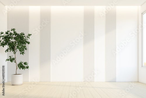 Minimalist empty room with white slat wall and indoor plant. 3d rendering