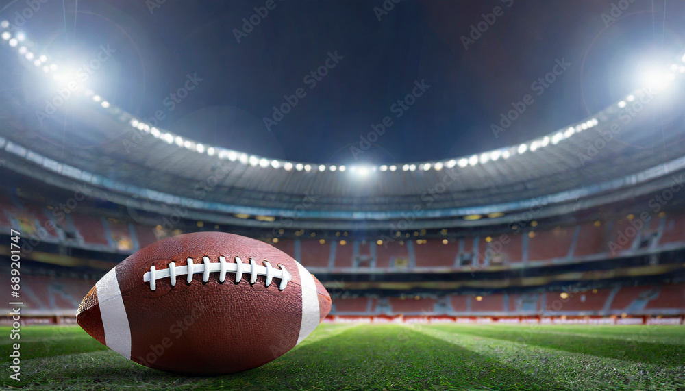 American football players on the field with closeup on ball and stadium lights. Sports background American football players on the field with closeup on ball and stadium lights. Sports background