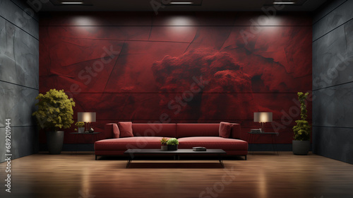Interior design hotel lobby or office with marron color textured wall with modern luxury couch, two side lamps and backdrop feature wall mockup   photo