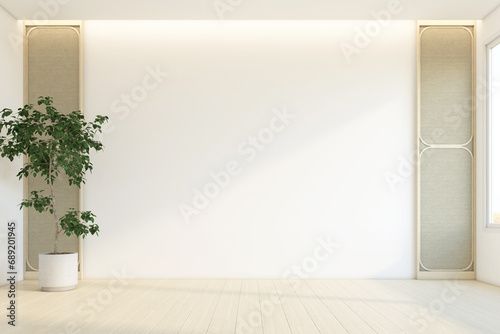 Minimalist empty room with woven wood side wall and white mid wall, wood floor and indoor plant. 3d rendering