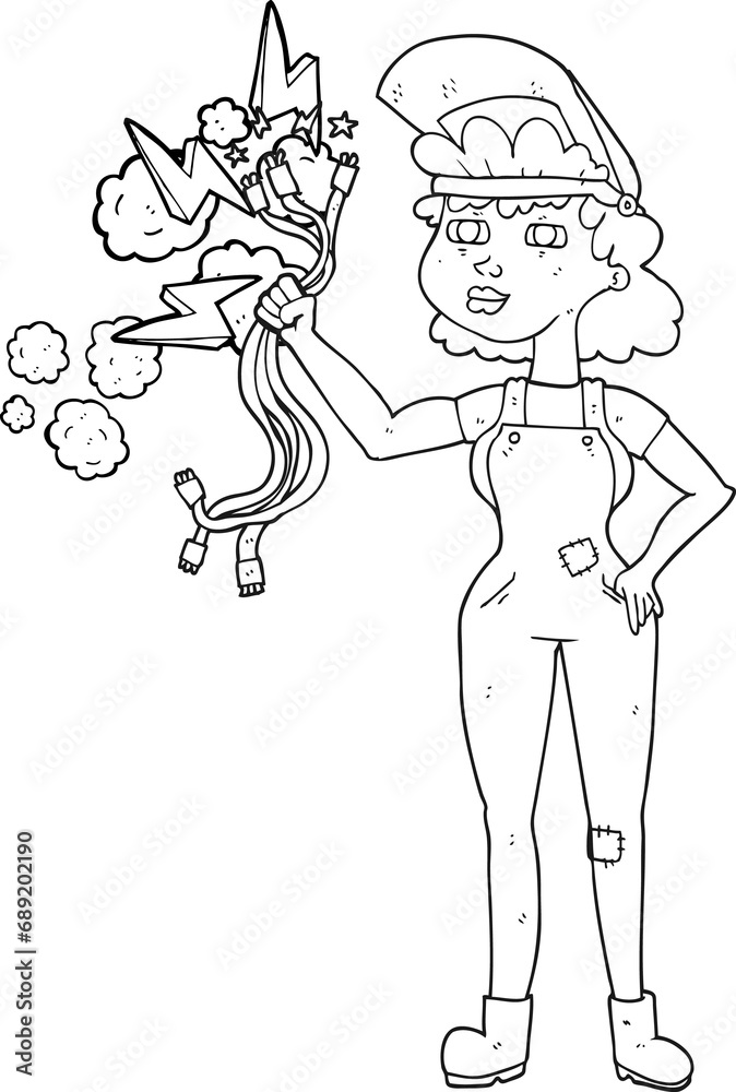 Fototapeta premium freehand drawn black and white cartoon electrician woman
