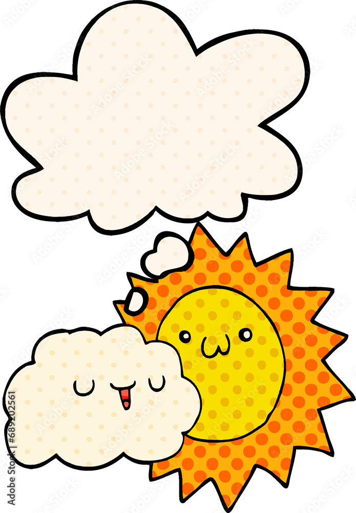 cartoon sun and cloud with thought bubble in comic book style