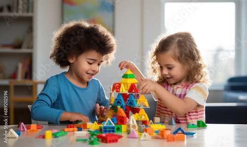 Children Create Colorful Structures with Building Blocks - Creativity and Joyful Play.