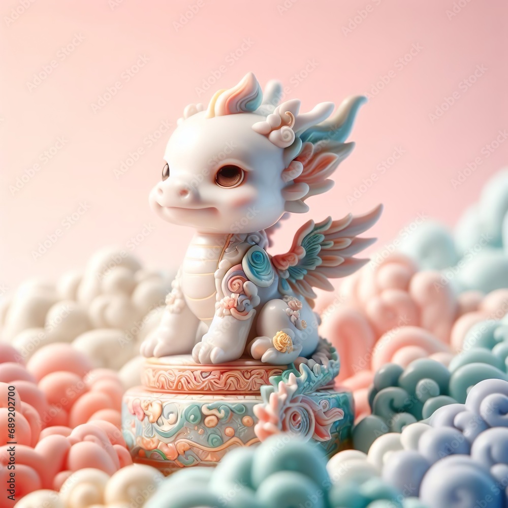 Fototapeta premium Chinese dragon, young baby dragon pastel color, porcelain ceramic skin, cute baby dragon in Chinese lunar new year, blank copy space, pastel color background, oriental decorations
