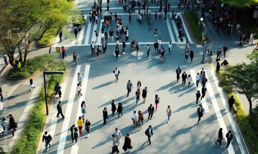 Obraz premium Urban Flow, Top View of Crowded Street with Many People Walking - Dynamic City Life in Motion.