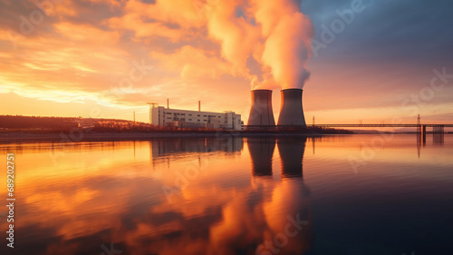 Nuclear power plant against sky by the river at sunset