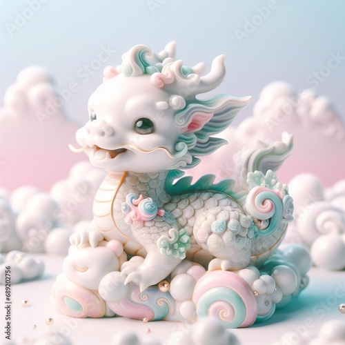 Chinese dragon, young baby dragon pastel color, porcelain ceramic skin, cute baby dragon in Chinese lunar new year, blank copy space, pastel color background, oriental decorations © toxxiiccat