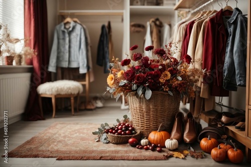 A cozy women's dressing room with a floor hanger for autumn clothes, shoes, a flower in a basket, and an autumn bouquet of cranberry branches in a vase.