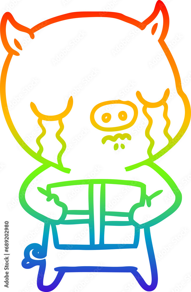 rainbow gradient line drawing of a cartoon pig crying over christmas present rainbow gradient line drawing of a cartoon pig crying over christmas present
