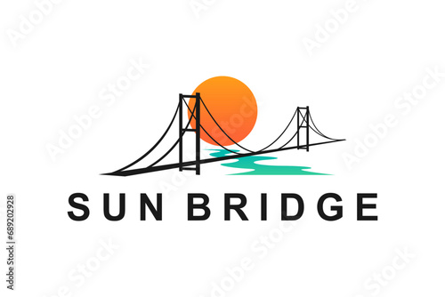 Suspension bridge logo silhouette with sunset light, simple minimalist design.