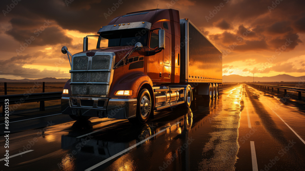 A truck driving on the asphalt road at sunset with dark clouds