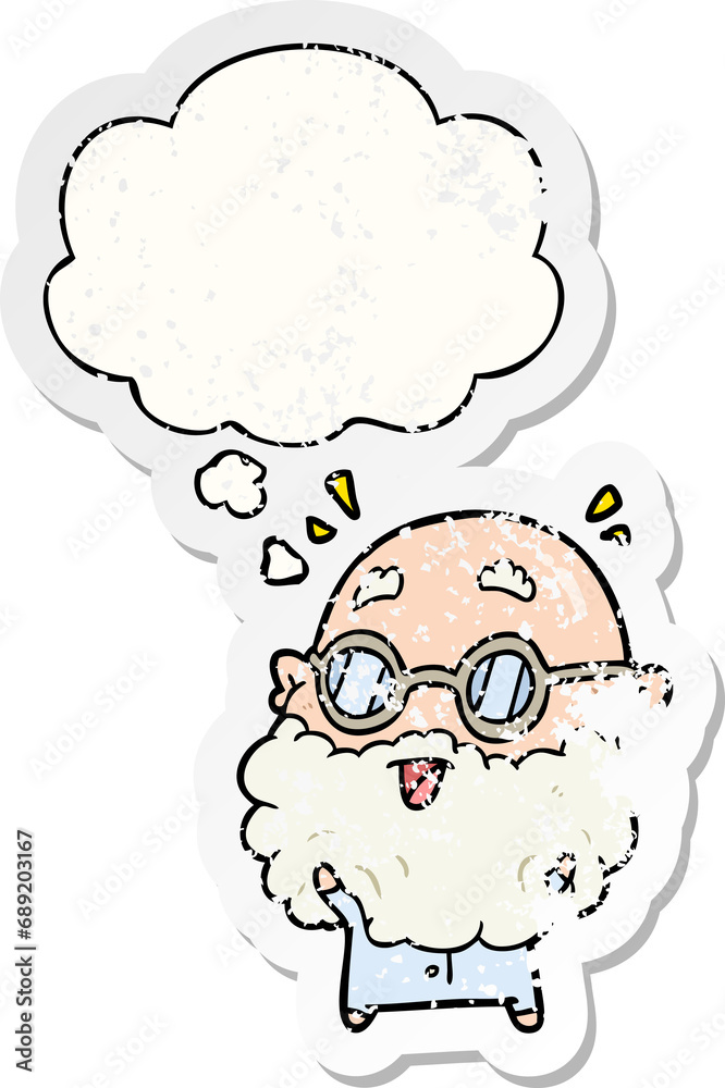 cartoon surprised old man with thought bubble as a distressed worn sticker cartoon surprised old man with thought bubble as a distressed worn sticker
