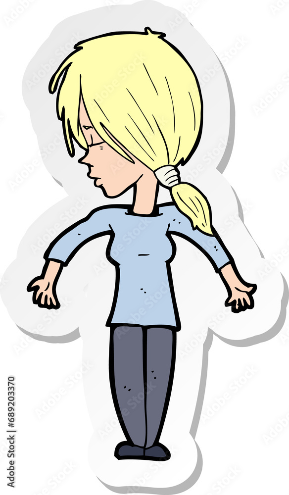 sticker of a cartoon woman shrugging shoulders sticker of a cartoon woman shrugging shoulders
